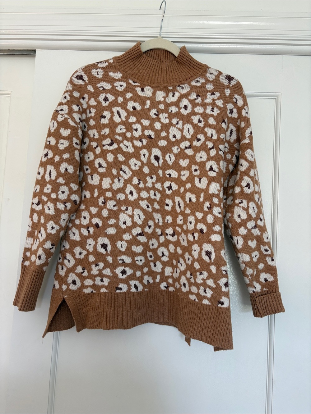 LOFT Camel and White Leopard Print Mock Neck Sweater